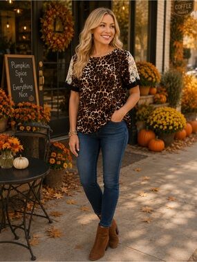 Animal Print Lace Cap Sleeve Blouse